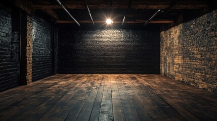  An empty black brick walls and a wooden floor 