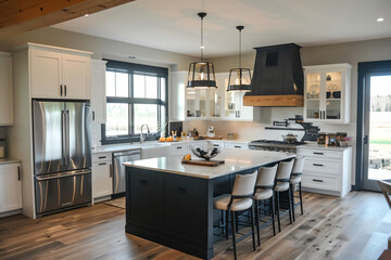 Modern Kitchen with Island and Stainless Steel Appliances.