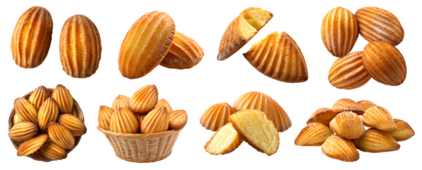 French Madeleine Sponge butter shell shape little cake pastry dessert on transparent cutout, PNG file. Many assorted different angles, stack, broken, basket, pile. Mockup template for artwork design