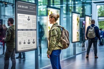 Caucasian female veteran in uniform reads job vacancies on job board. Post-service employment. Concept of support program social reintegration, career opportunities for former military service members