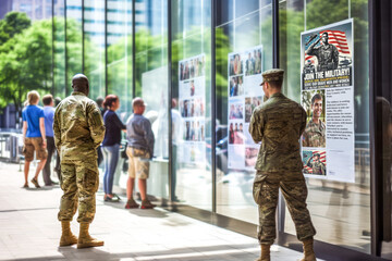 Two soldiers, African American and Caucasian stand outside a building, looking at military recruitment posters. Concept of military recruitment and enlistment promotion, contract career in army