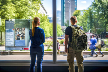 Two veterans, former military service members in camouflage stand inside a glass building, reading job listings. Concept of veterans seeking employment and reintegrating into civilian society