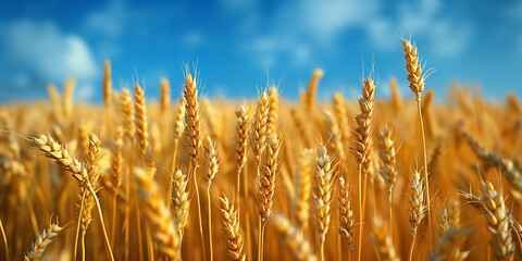 Fototapeta premium field of yellow wheat, blue sky, Ukraine, banner copy space. Day of National Flag, Unity, Constitution, Ukrainian Statehood, Independence, Defenders Defendresses, Armed Forces