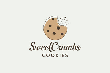 sweet crumbs cookie logo with a bitten cookie and beautiful lettering for cookie shop, bakery, snack, cafe, etc. 