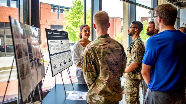 Diverse group of veterans in camouflage on job fair with advisor. Concept of veterans overcoming employment challenges through program providing job opportunities, vacancies and social reintegration