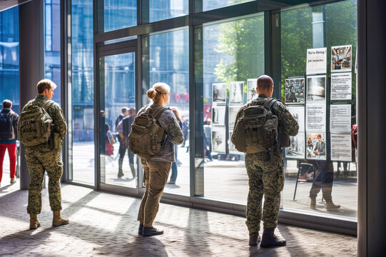 Military personnel examine job postings on a glass wall in a bustling urban environment. Concept of veterans finding employment and adapting to civilian life post-service