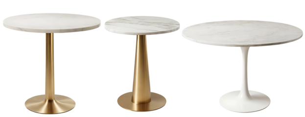 Three round marble dining tables with a white marble top and different pedestal bases: two with a gold metal tulip base, and one with a white tulip base. Perfect for interior design websites, furnitur