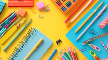 School Supplies Flat Lay, Top-down view of colorful school supplies on colorful background, back-to-school theme with copy space