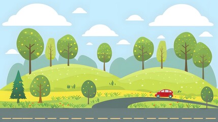 Naklejka premium Cartoon Illustration of a Country Road with Green Trees and a Red Car