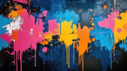 A colorful painting with splatters of paint on it. The colors are bright and bold, creating a sense of energy and excitement. The painting seems to be a representation of the artist's emotions