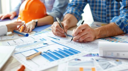 Generate a photo realistic image of a construction project team conducting a review of budget planning with detailed financial charts and planning reports; ensure the image is of high resolution 