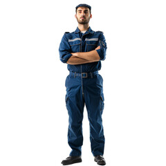 Fototapeta premium Serious male paramedic is standing with his arms crossed, conveying confidence and professionalism