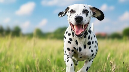 A happy Dalmatian dog is running through a field of grass