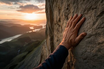 A hand clinging to a rocky cliff face as the sun sets.