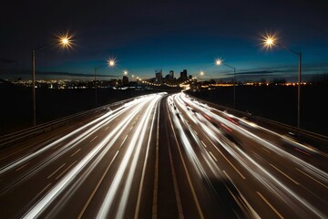 Time-lapse of a busy freeway at night with cars in motion, captured from a drone.
