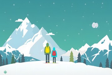 Two People Looking at Mountain Range with Snow