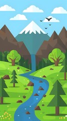 Obraz premium Green Landscape with Mountains and a Waterfall Illustration