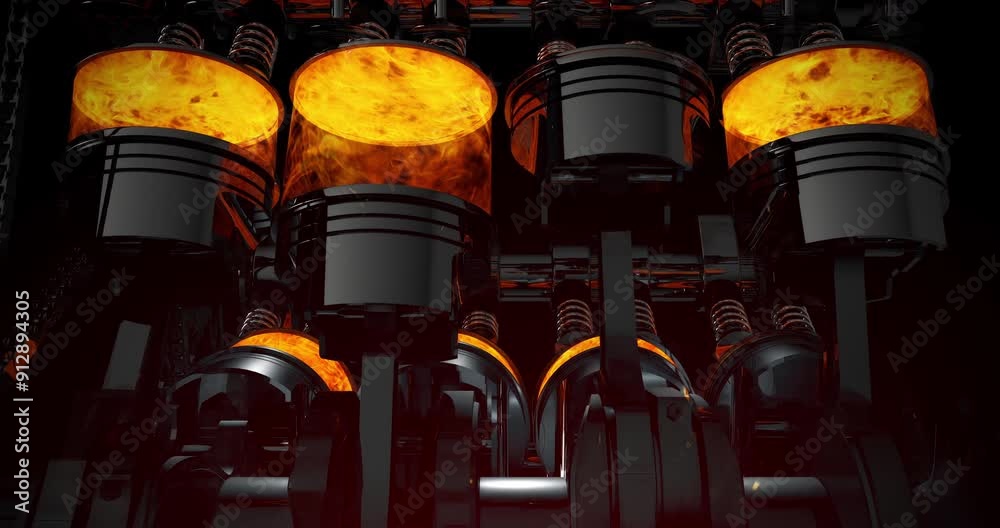 Poster working powerful v8 engine 3d animation. explosions in combustion chamber. industry related high qua