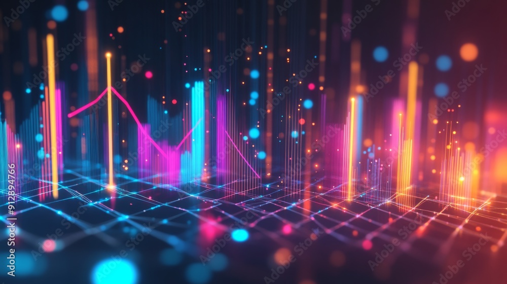 Poster colorful abstract 3d financial graph with intersecting shapes and glowing data points.
