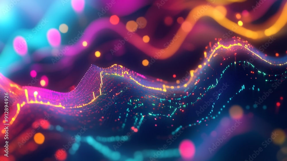 Poster colorful abstract 3d financial graph with intersecting shapes and glowing data points.