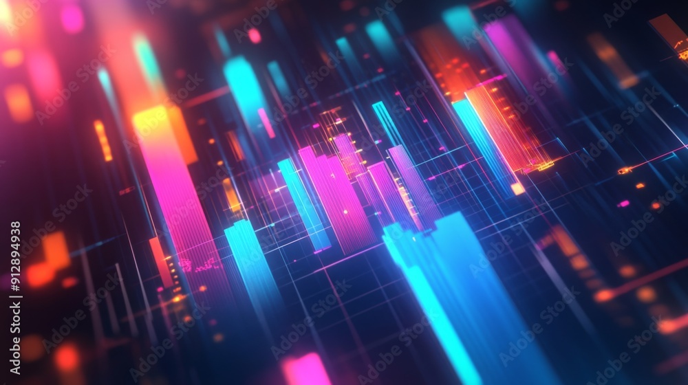 Poster colorful abstract 3d financial graph with intersecting shapes and glowing data points.