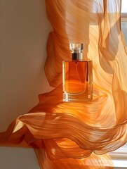 Naklejka premium Orange Sheer Fabric Draped Over Perfume Bottle