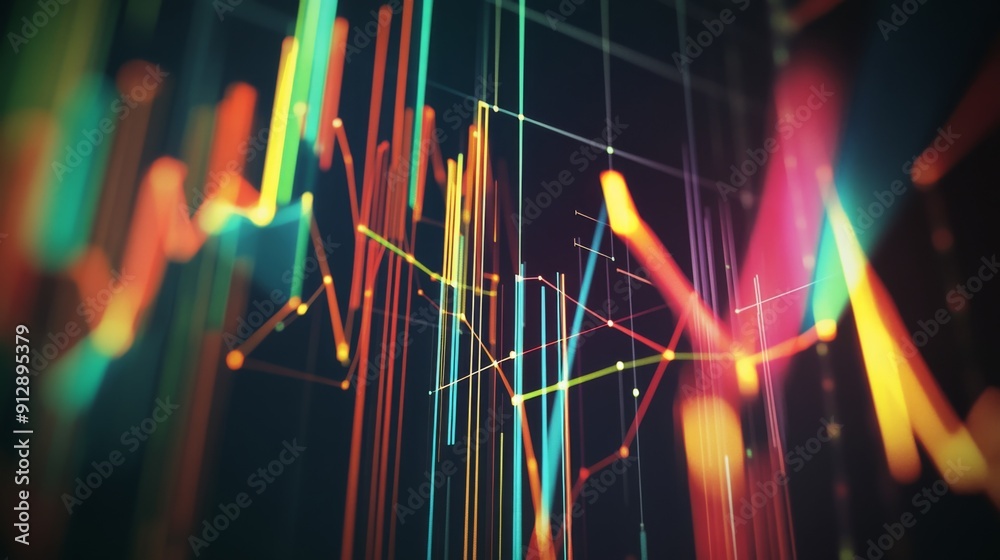 Aufkleber Colorful abstract 3D financial graph with intersecting lines and bars against a dark backdrop.