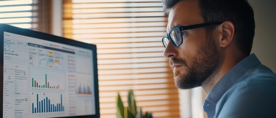 A digital marketing specialist analyzing online campaign metrics on a computer screen surrounded by digital marketing concept tools and graphs banner with copy space With sunlight
