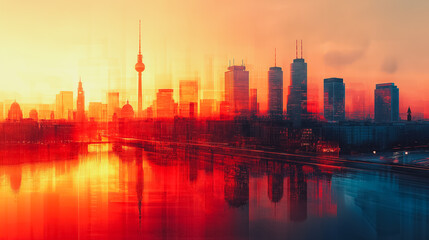 Fototapeta premium Modern abstract cityscape of Berlin with fluid lines and bright, contrasting colors.