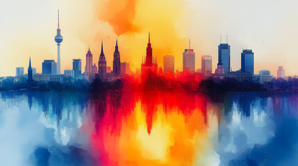 Fototapeta premium Colorful abstract skyline featuring iconic landmarks in a modern artistic style.