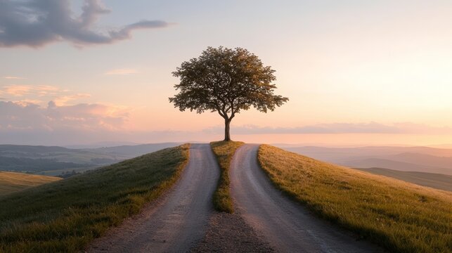 Scenic fork in the road with a tree dividing two contrasting landscapes, one path to a stormy horizon, the other to a serene sunrise, depicting the weight of decisions