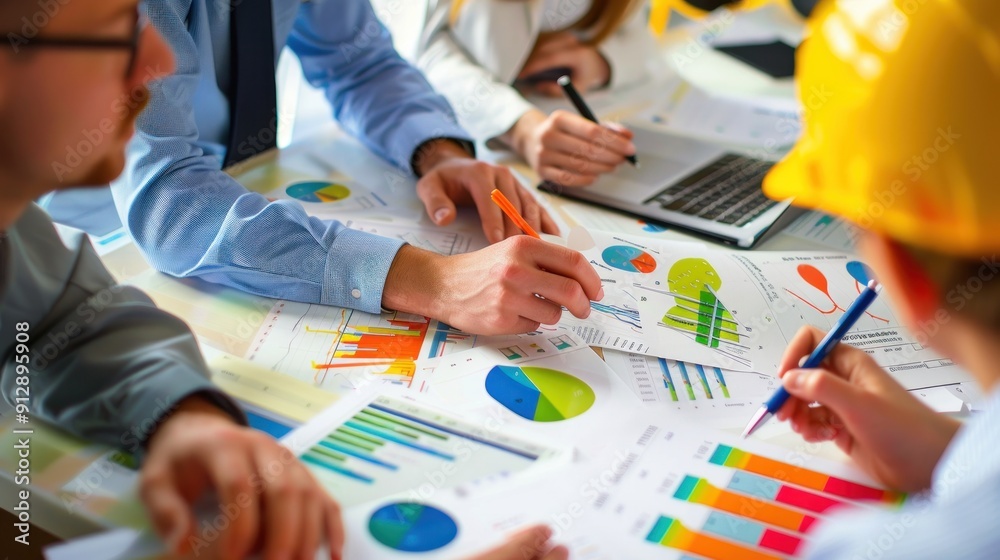 Wall mural generate a photo realistic image of a construction project team discussing expense planning strategi
