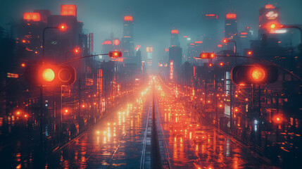 Fototapeta premium IoT-enabled traffic lights in a futuristic cityscape, adjusting based on real-time traffic flow, and smart streetlights that dim when no one is around, advanced urban environment.