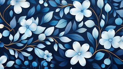 Blue floral pattern with white flowers and gold accents.