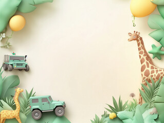 A thrilling 3D safari adventure birthday party background with wild animals, jeeps, and savannahs, ideal for an exciting celebration. Empty copy space included for text. AI