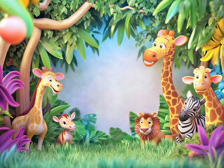 Colorful childish 3D jungle safari birthday party background. Including jungle animals and tropical trees, it is ideal for an adventurous celebration. Empty copy space included for text. AI