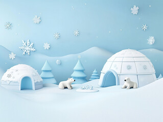  A frosty 3D winter wonderland birthday party background with snowflakes, igloos, and polar bears, perfect for a chilly celebration. Empty copy space included for text. AI