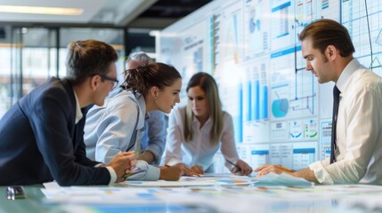 Generate a photo realistic image of a construction project team participating in a workshop on financial tracking with detailed budgeting charts and monitoring tools