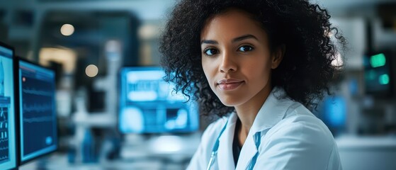 A focused female scientist in a lab setting, analyzing data on computer screens with a thoughtful expression.