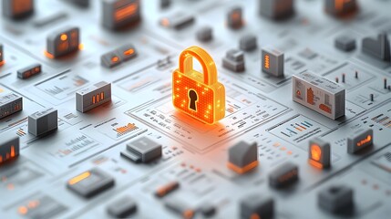 Glowing 3D Lock Surrounded by Digital Finance Icons on Abstract Background