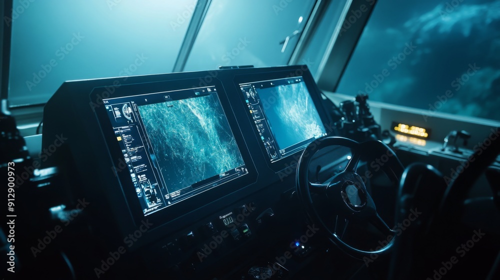 Poster displays the control panel of a submarine, featuring monitors showing underwater terrain as it navig