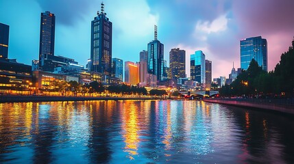 Cityscape with Skyscrapers Reflecting in a River at Dusk