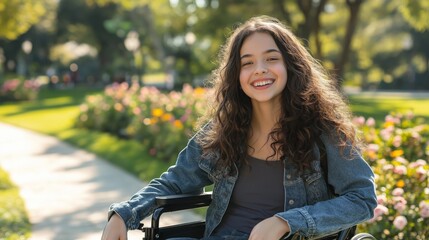 Smiling Greek Teenage Girl in Wheelchair Enjoying Sunny Day in Park, Outdoor Relaxation Concept, Perfect for Inspirational Designs and Diversity Campaigns