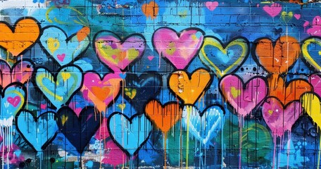 A vibrant street art mural depicting heart shapes in various colors, in the graffiti style, with drips and splatters adding an edgy touch to the urban setting Generative AI