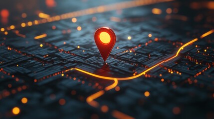 Digital grid road with a red map pin indicating a precise location.