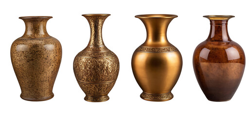 Four ornate brass vases with varying shapes and sizes, featuring intricate designs and a rich patina. Transparent PNG for versatile use. Perfect for home decor, antique collections, or cultural projec
