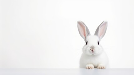 Obraz premium cute animal pet rabbit or bunny white color smiling and laughing isolated with copy space for easter background, rabbit, animal, pet, cute, fur, ear, mammal, background, celebration, generate by AI