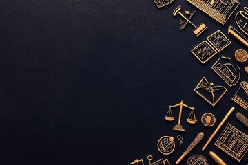 Banner template for a legal services advertisement showcasing a sleek explosion of courtroom icons on a dark background sunlight filtering highlighting the minimal text area for ad