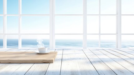 Fototapeta premium A steaming cup of coffee sits on a wooden table overlooking a beautiful beach and calm sea under a bright, sunny sky