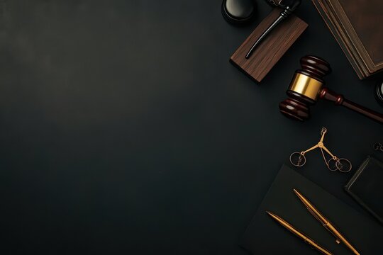 Banner template for a legal services advertisement showcasing a sleek explosion of courtroom icons on a dark background sunlight filtering highlighting the minimal text area for ad